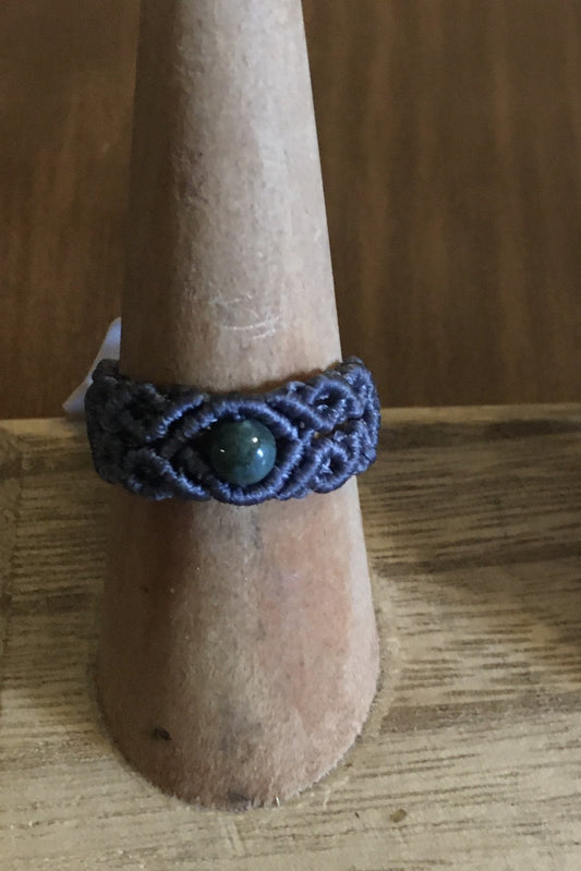 Indian Agate Macrame Knotwork Ring Artist: Erin Abraham  Size 9 Ring   * please note size is approximate  Lightweight knotwork ring with a dark green Indian agate stone  Made with grey nylon cord for durability and comfort  Hand made by the artist  One-of-a-kind and will never be duplicated