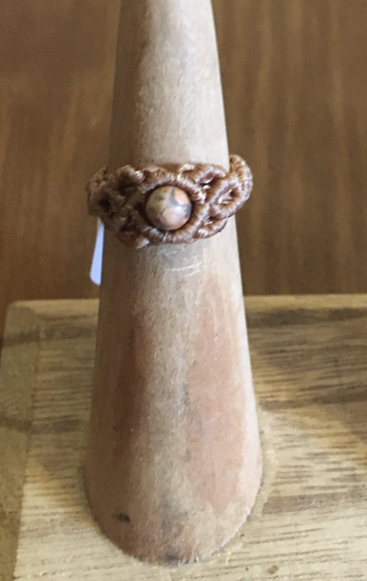 Picasso Jasper Macrame Knotwork Ring Artist: Erin Abraham  Size 5 Ring   * please note size is approximate  Lightweight knotwork ring with a Picasso Jasper stone  Made with light brown nylon cord for durability and comfort  Hand made by the artist  One-of-a-kind and will never be duplicated