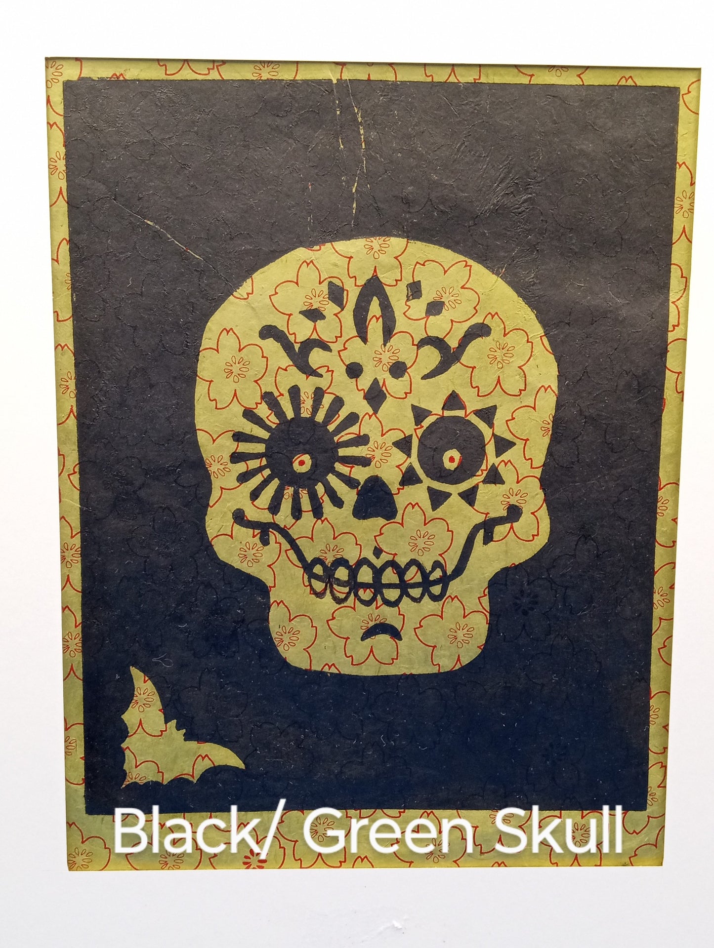 Black and Green Matted Linocut Print Skull