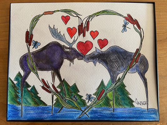 " Moose Love with Cattails and Hearts " Framed Original Watercolor and Ink