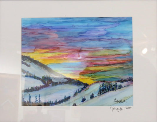 " Not Quite Dawn " Original Alcohol Ink Painting Artist: Celeste Havener Original alcohol ink watercolor painting  Colors in the sky before sunrise in the valley outside of Laramie Wyoming  8 x 10 matted original  14 1/4" long x 11 1/2" high framed in a sleek black frame  Sawtooth on back for hanging  Unique watercolor technique
