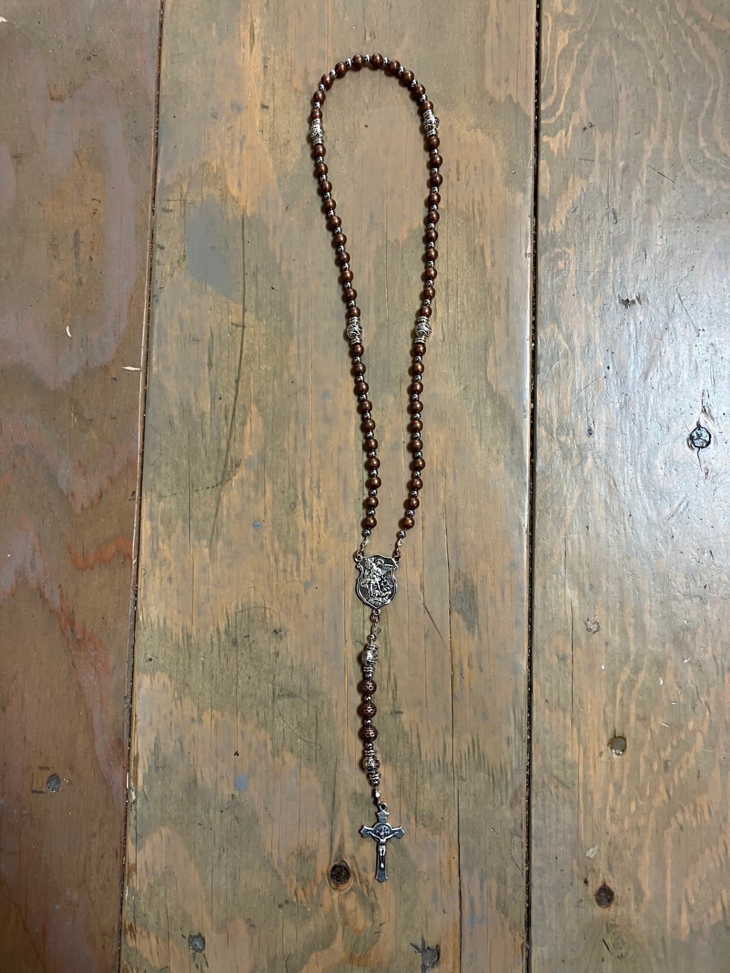 " Copper Colored Steel and Silver" St Michael the Archangel Centerpiece Rosary