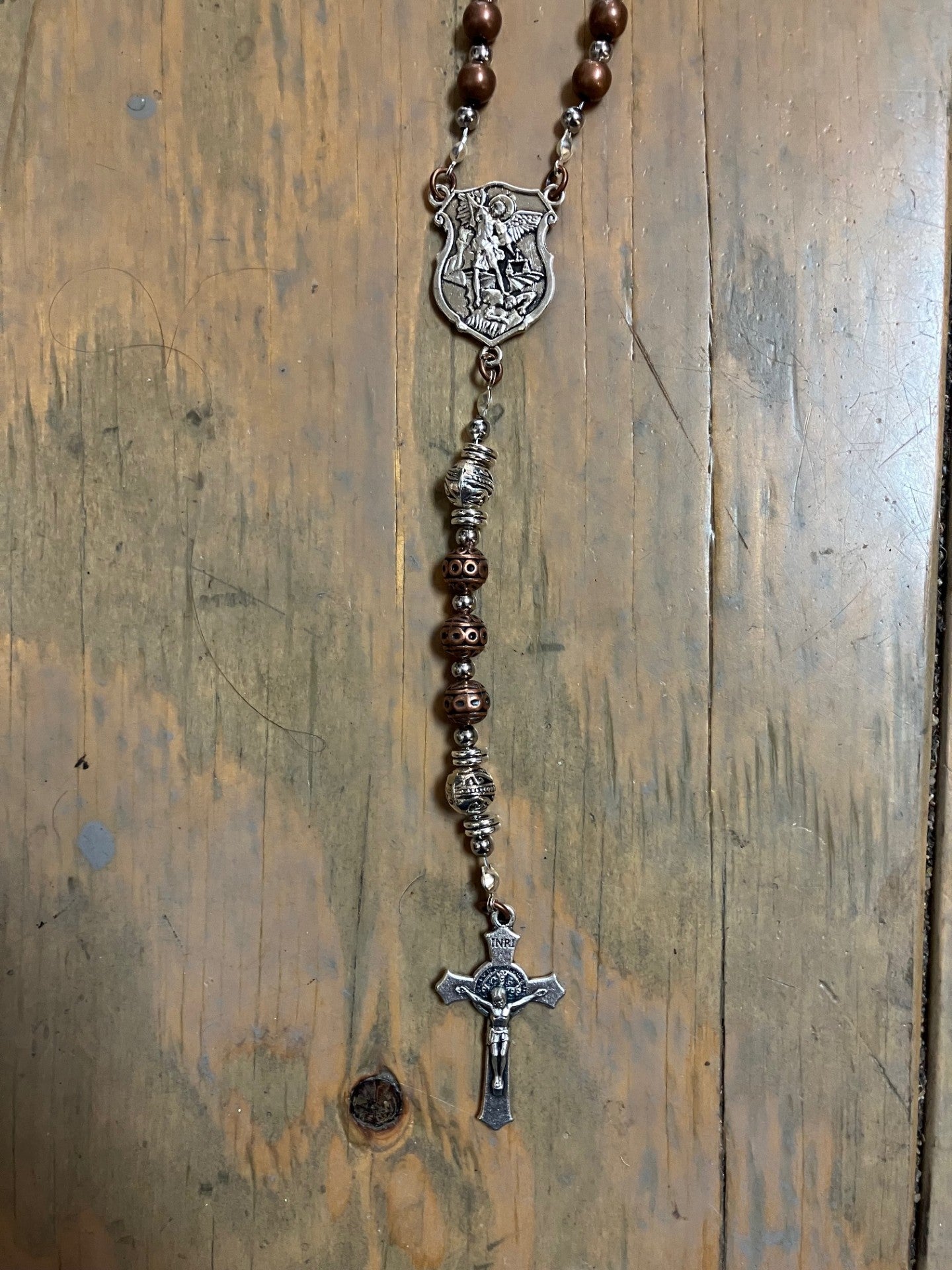 " Copper Colored Steel and Silver" St Michael the Archangel Centerpiece Rosary