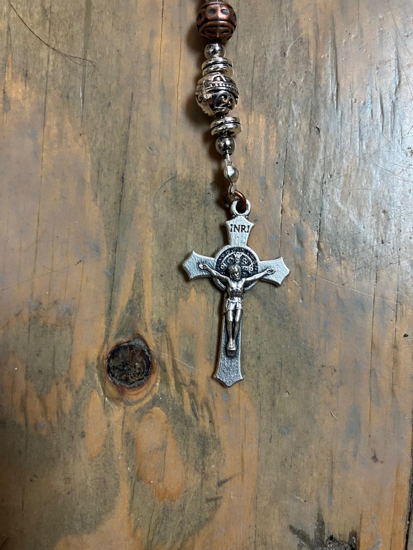 " Copper Colored Steel and Silver" St Michael the Archangel Centerpiece Rosary