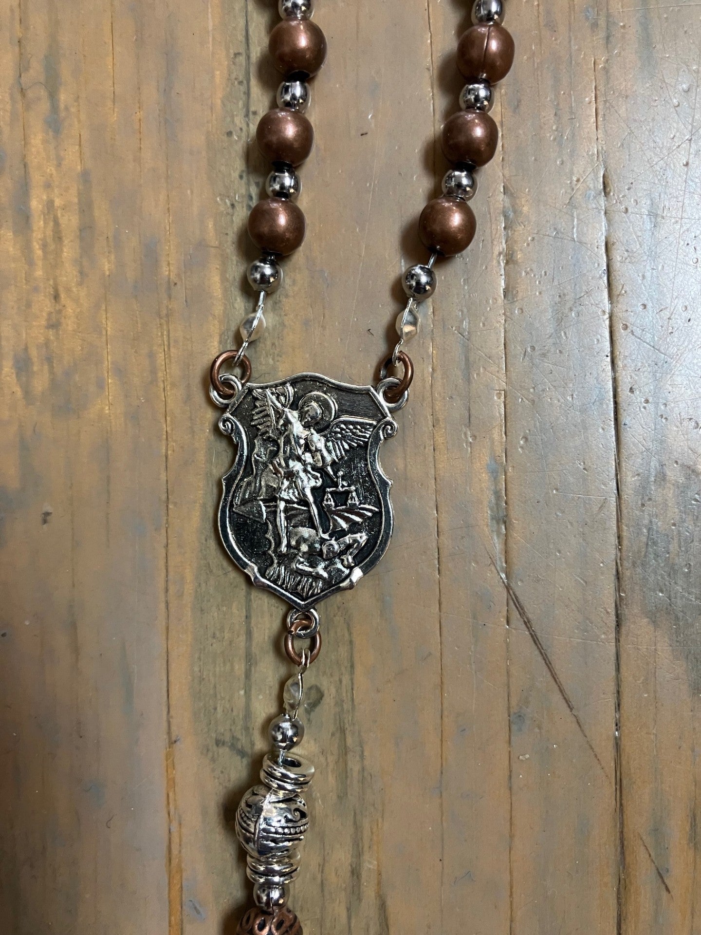 " Copper Colored Steel and Silver" St Michael the Archangel Centerpiece Rosary