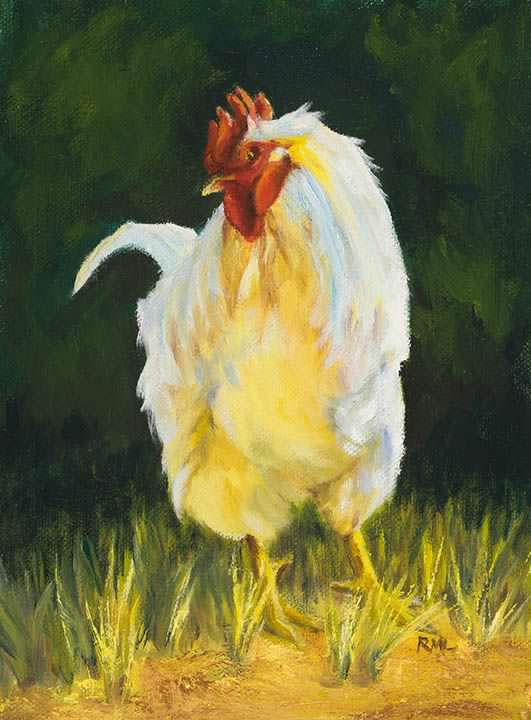 " Italian Chicken #3 " Print Artist: Renee Laegreid White chicken standing and looking to its right  Sunlight gives a faint glow to the chicken and the ground  Choose From:  Print  8" x 10" giclee print in a 11" x 14" black matting  Print has a white border around it giving the matted print an extra special look  Hand signed and titled  Ready for a frame of your choice