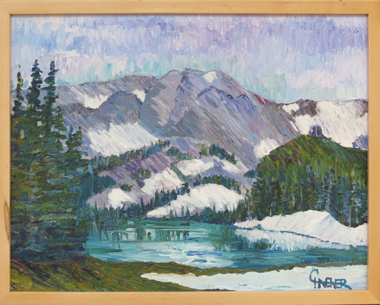 <h1>" Not Quite Spring " Framed Original Oil Painting</h1> <h2>Artist: Celeste Havener</h2> <p>Original Oil Painting<br></p> <p>Snowy Range Mountains in the last breath of winter in Wyoming</p> <p>Lake is just beginning to show open water</p> <p>Painted on Baltic Birch board</p> <p>Framed in a pine frame<br></p> <p>24" long x 18" high painting</p> <p>26" long x 20" high as framed</p> <p>Eye bolt and wire on back for hanging<br></p> <p>Will become the center piece in your home</p>