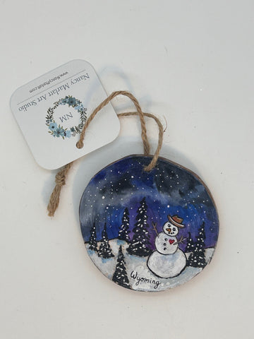 " Snow Cowboy " Hand Painted Wooden Ornament