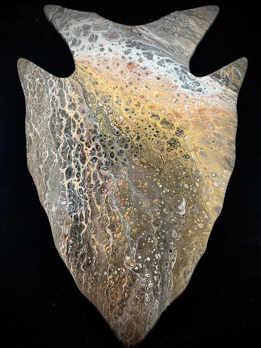 " Creek Bed Arrowhead " Steel and Acrylic Wall Art Artist: Casey Hanson Steel cutout arrowhead shape  Acrylic dirty pour over the steel  Copper, gold and black acrylic  Metal loop attached to the back for hanging  11" long x 17" high x 1/2" wide