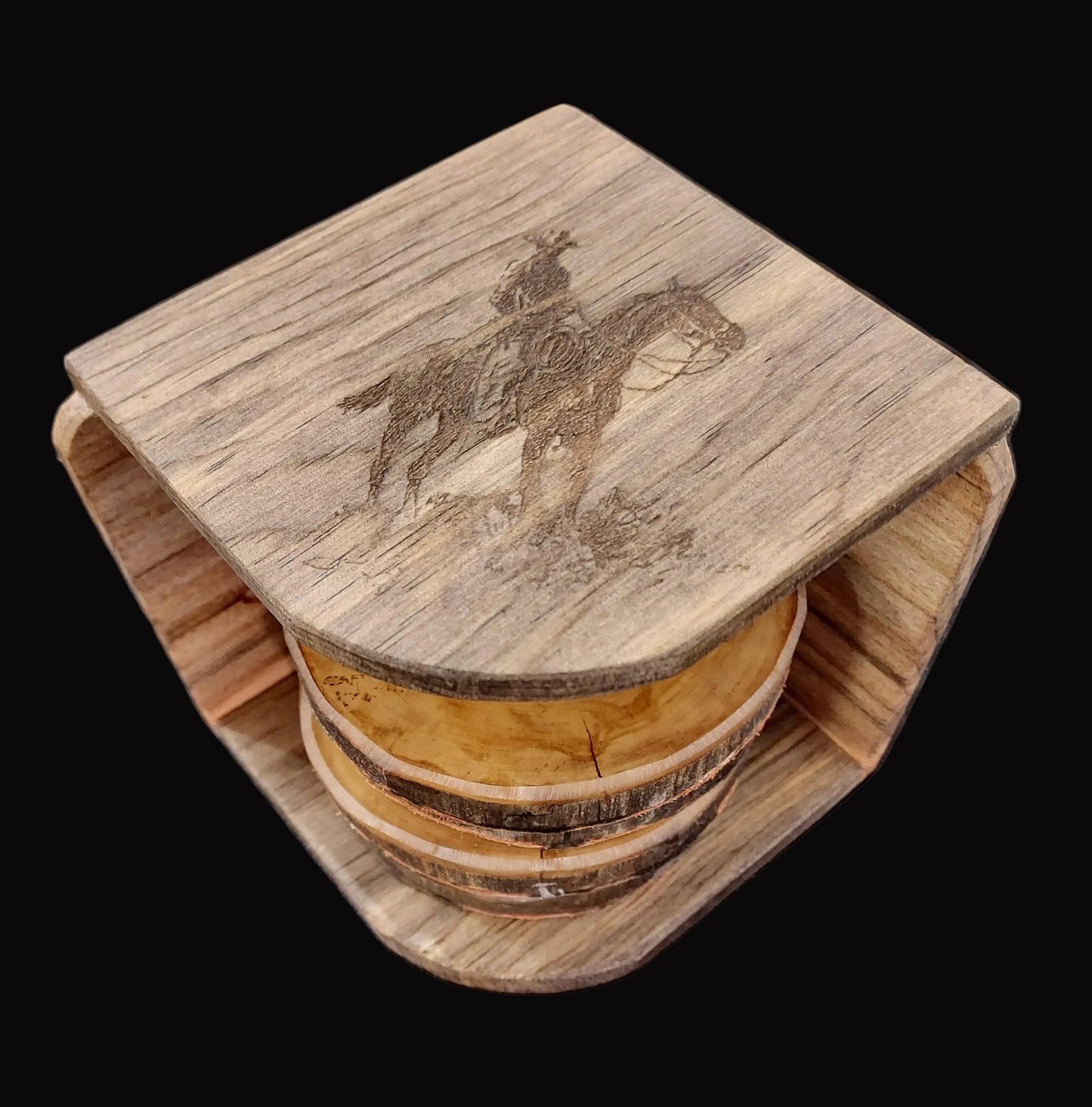 Coaster Set - Wooden Western Theme Coasters with Stand