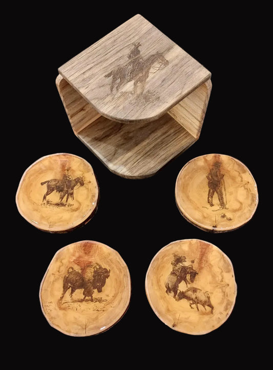 Coaster Set - Wooden Western Theme Coasters with Stand