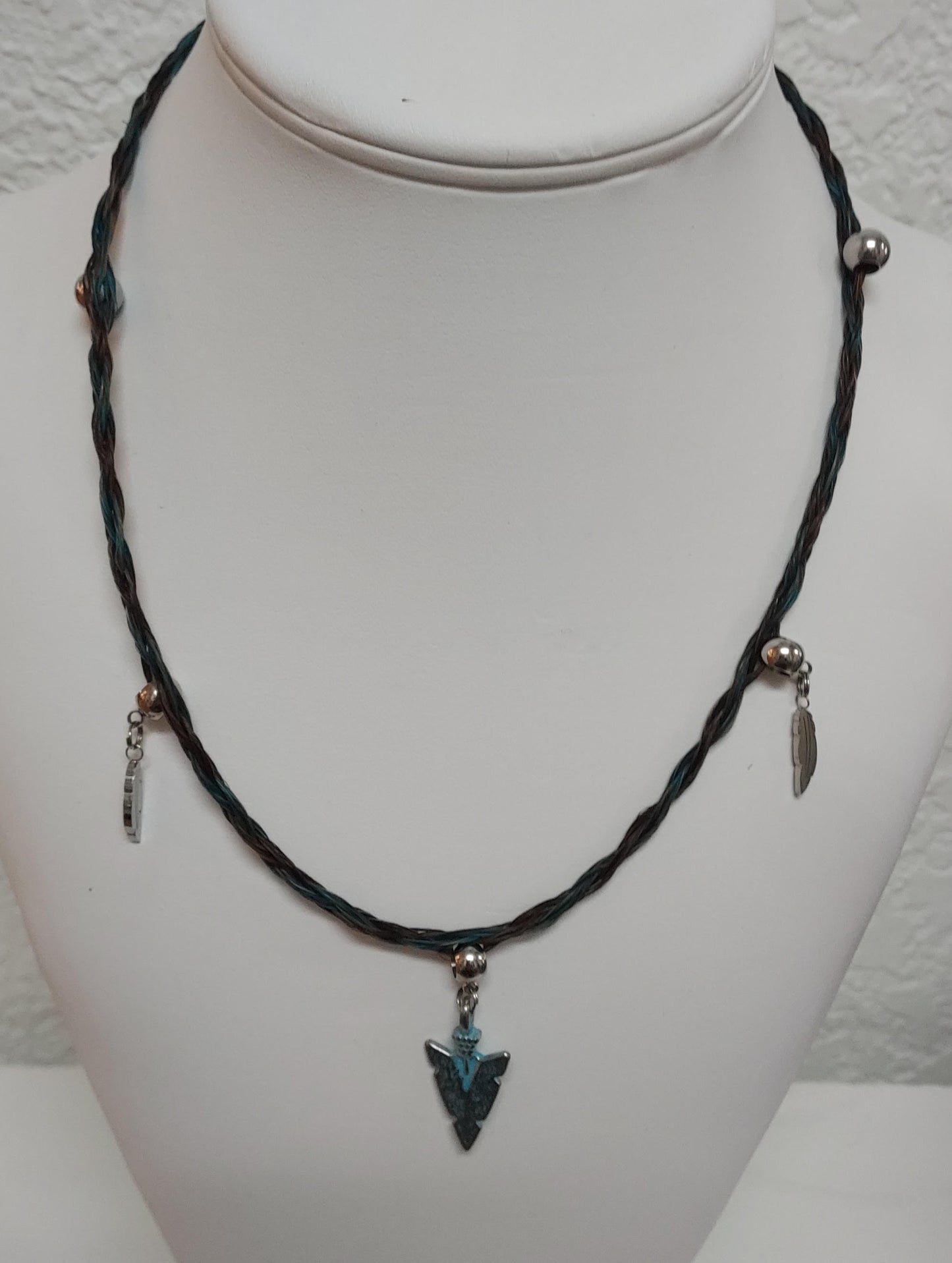 Necklace - Hand Braided Horsehair with Arrowhead and Feathers