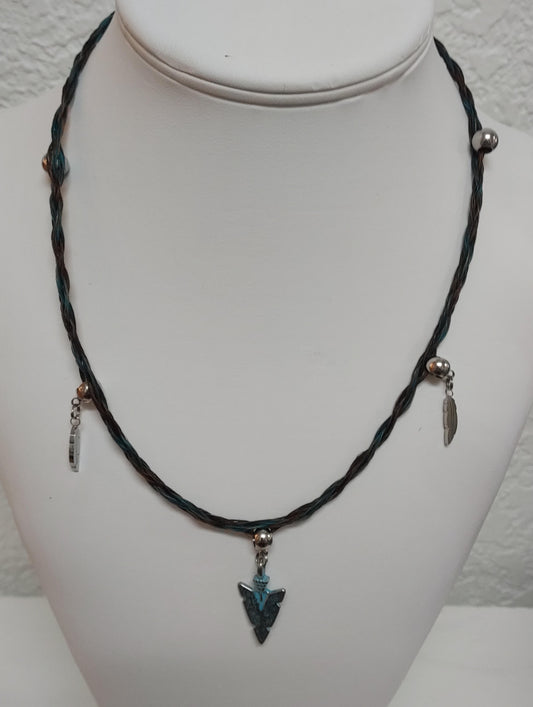 Necklace - Hand Braided Horsehair with Arrowhead and Feathers