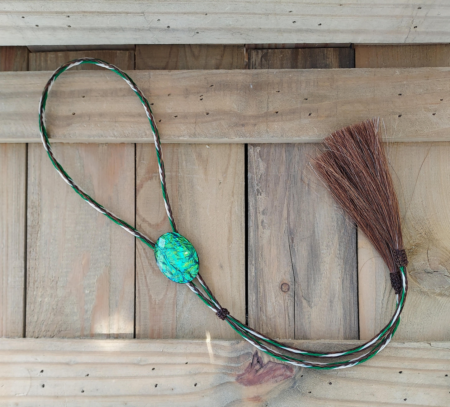 horsehair bolo tie green, brown and white