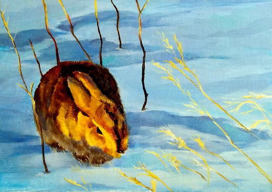 Little rabbit getting a little sunlight while hunched down in the snow  Blank card with envelope  Image from an original oil painting by the artist  5" long x 7" high  The original painting was hand done by the artist and is printed on the card   Artist photograph and information on the back of the card