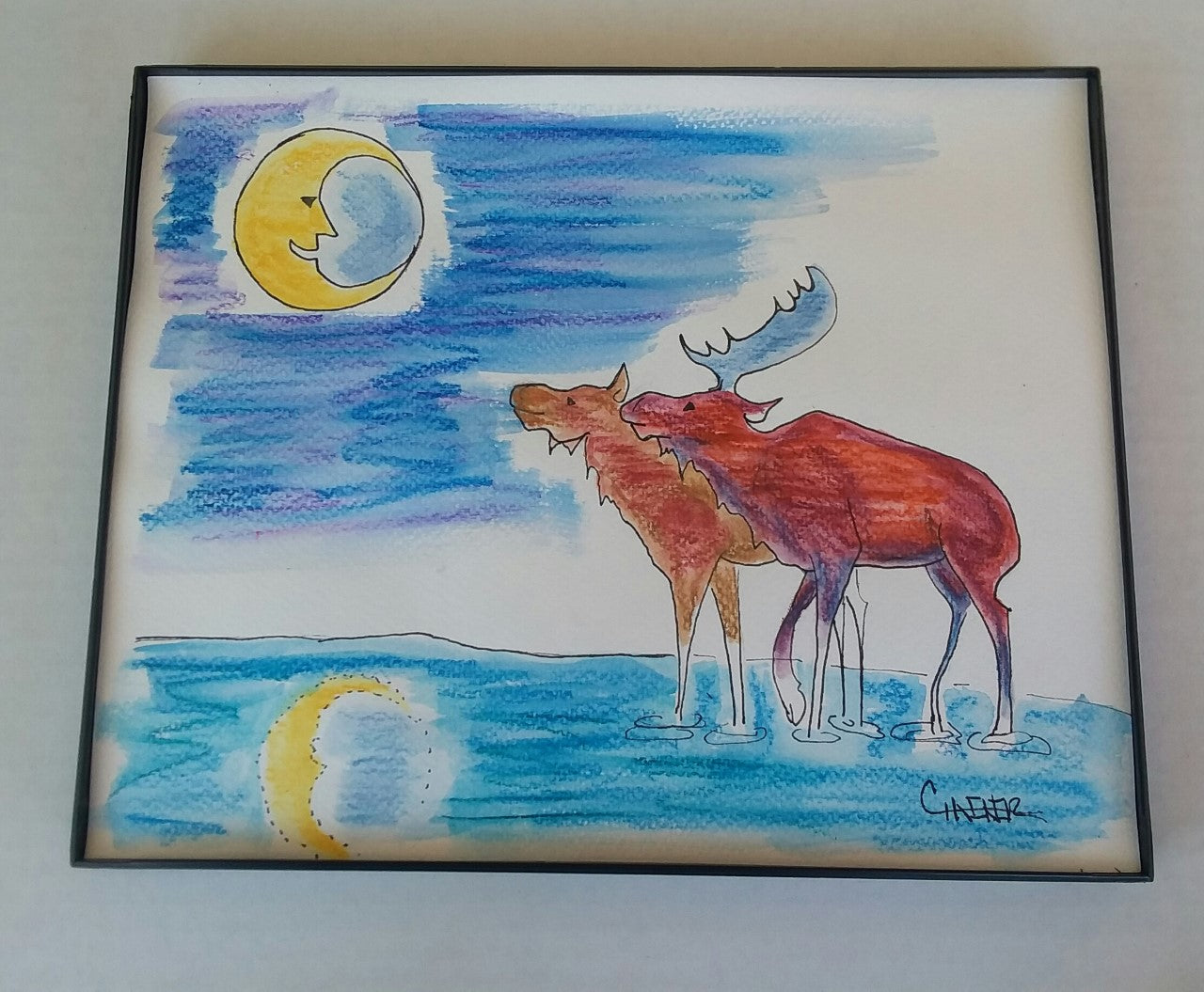 " Mooses Love Moon " Watercolor And Ink 8 x 10 Artist: Celeste Havener Original watercolor and ink drawing  Bull and cow moose looking up at the moon  Standing in water with moon reflection  10" long x 8" high x 1/2" wide in a small black frame with clear plastic cover