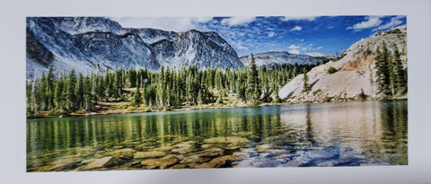 Lake Marie vied from the SouthEastern Shore. Beautiful underwater rocks, treeline reflection and low hanging clouds on a 9' x 4" panoramic card, blank inside, envelope included. Medicine Bow Forest, Laramie, Wyoming