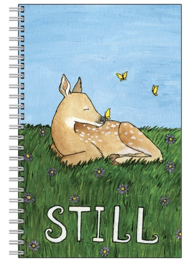 " Still " Spiral Bound Notebook Artist:  Tara Pappas Spiral bound notebook with artwork from the artist on the cover  Deer laying in a field of flowers with butterflies all around  Keeping still and enjoying the day  Lined pages are great for keeping a journal  Colored on the front and black and white on the back  6" long x 8 1/2" high x 1/4" wide  Please note artwork is original from the artist and is printed onto the cover of the notebook. Slight variations may apply   