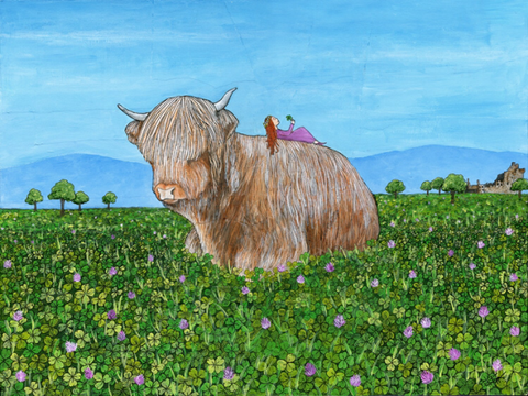 Print of an original painting  A girl laying on the back of a braes bull in a field of flowers  12" x 16" print size  This fine art print has been printed using the finest museum quality archival inks and archival paper  Certificate of Authenticity attached to back of framed print  Wonderful Whimsical giclee print would brighten up any room or fire place mantel 