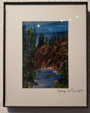 " Bridge By Moonlight " Original Alcohol Ink 8 x 10 Artist: Celeste Havener Original alcohol ink watercolor painting  Moonlight view of bridge in the Snowy Range Mountains of Wyoming  5" x 7" painting  2" wide white matting  8" High x 10" Long x 1/2" wide in slim black frame  Unique watercolor technique