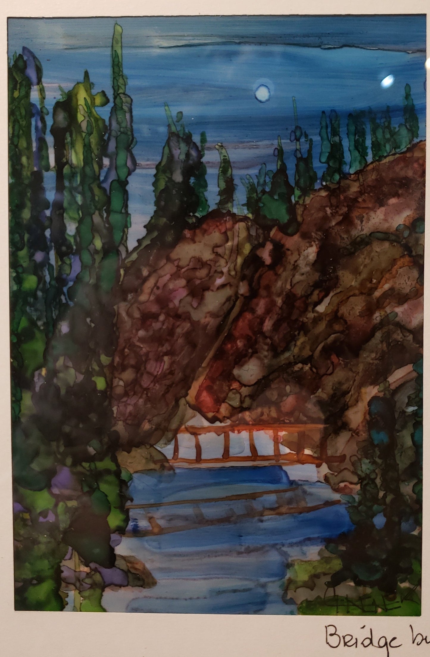 " Bridge By Moonlight " Original Alcohol Ink 8 x 10