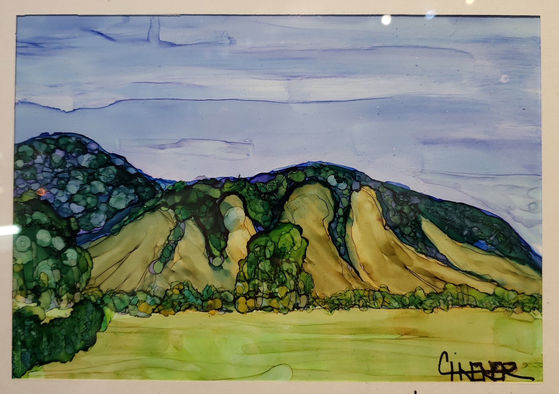 " Lindsay's Meadow " Alcohol Ink 8 x 10 Artist: Celeste Havener Original Alcohol Ink painting  Greens and blues  Hay meadow below a mountain  8 x 10 in a small frame