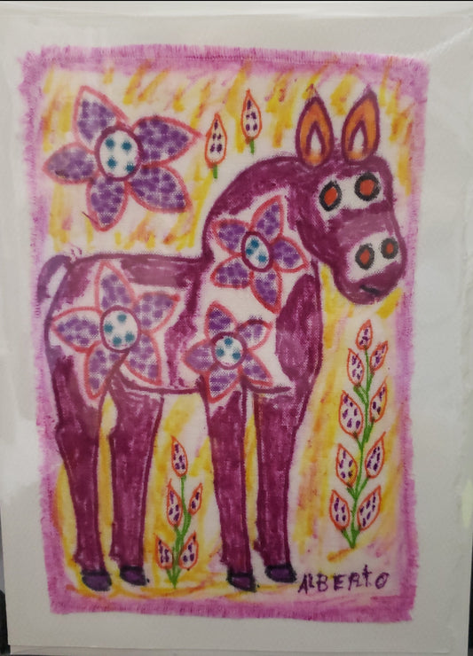<h1>Art Card " Horse" Peruvian Folk Art Style <br></h1> <h1>Peruvian Folk Art Style</h1> <h2>Artist: Alberto Alcantara</h2> <p>5" x 7" blank card<br></p> <p>Envelope included</p> <p>Hand painted and hand dyed Peruvian Fiber Art on the front of the card<br></p> <p>Mini Original Art</p> <p>Standing Horse, all four legs down<br></p> <p>One of a kind card for sending to friends or family<br></p> <p>Can be framed</p> <p>Purchase several for a collage</p>
