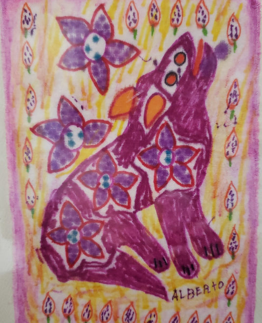 <h1>Art Card " Wolf" Peruvian Folk Art Style <br></h1> <h1>Peruvian Folk Art Style</h1> <h2>Artist: Alberto Alcantara</h2> <p>5" x 7" blank card<br></p> <p>Envelope included</p> <p>Hand painted and hand dyed Peruvian Fiber Art on the front of the card<br></p> <p>Mini Original Art</p> <p>Howling wolf<br></p> <p>One of a kind card for sending to friends or family<br></p> <p>Can be framed</p> <p>Purchase several for a collage</p>