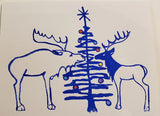 Original silk screen Holiday card of Moose and Elk with a Pine tree and colored bulbs        Wyoming Artist