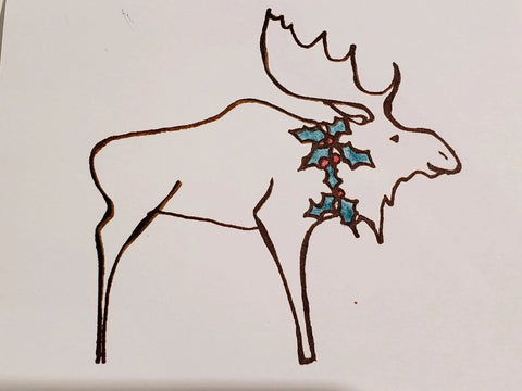 Hand Silk Screened Card of a Moose with Holly Wreath around his neck. Wyoming Artist