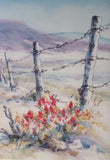 Greeting Card entitled Escape Route, printed from an original watercolor by Wanda Sanders of  the Wyoming foothills, barbed wire fencing and the state flower Indian Paint Brush