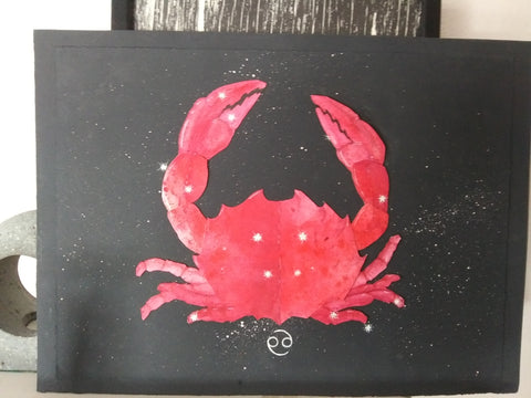 "Tropic Of Cancer" View Of Constellation OF Cancer Sign Artist: Bruce Allemani  Mixed media  Framed picture of a crab on a black background  The crab is the sign for cancer  16 3/4" long x 12 1/2" wide x 3/4" deep  Wire attached on back for hanging  Please note items are handmade and there might be a slight variation between pieces