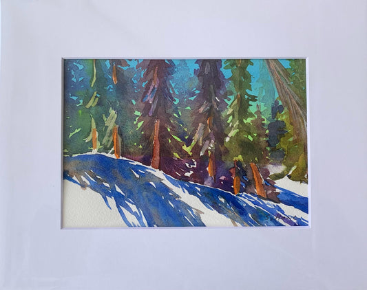 " Spring " Original Matted Watercolor Artist: Svetlana Howe Original watercolor  Winter scene of the forest and shadows  Gives the feeling of being on a forest trail during the winter  7" long x 5" high original watercolor  10" long x 8" high matted  Matted with 1 1/2" wide white matting (Note matting looks blue in the photo)  Ready for a frame  Inside a clear plastic sleeve to protect the original work