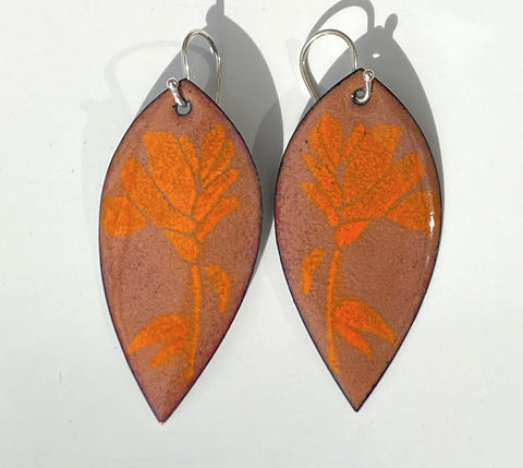 Orange Indian Paintbrush on brown enamel earrings