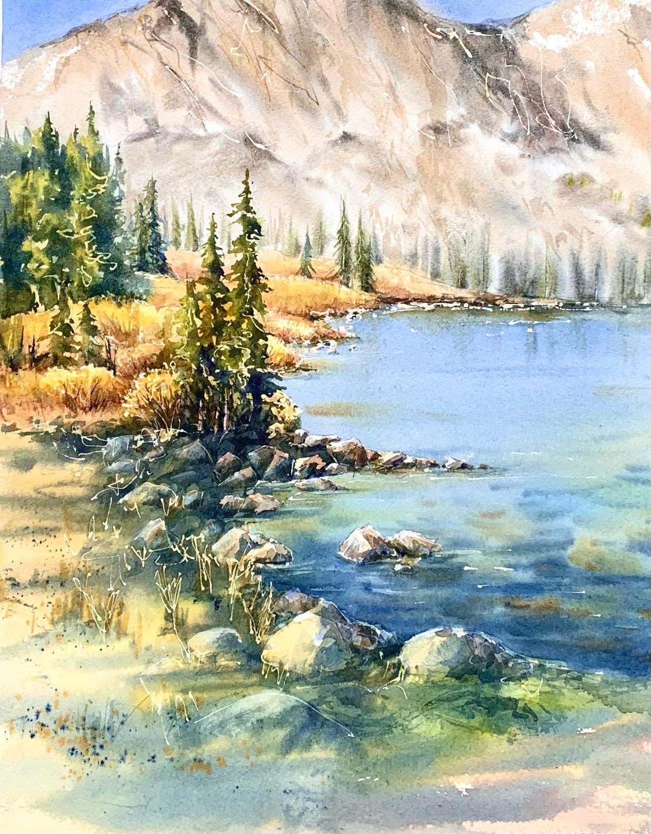 " Mountain Lake " Framed Limited Edition Watercolor Print Artist: Svetlana Howe Framed limited edition print from original watercolor painting  Lake Marie in the Snowy Range Mountains just West of Laramie Wyoming  11" long x 14" high limited edition print from original watercolor  16" long x 20" high matted  Matted with 3" wide white matting   18" long x 22" high in black wooden frame  D-Ring and wire for hanging