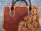 oak designed tooled leather pistol case. leather handles and fleece lined