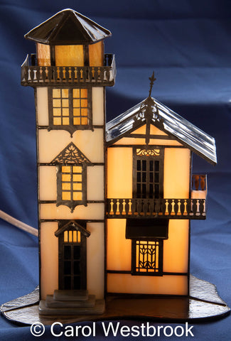 stained glass 3-D Victorian House. Lighted