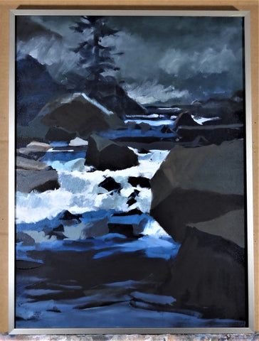 " Stormy Afternoon " Framed Original Oil Painting Artist: Jon Madsen  Original oil painting  Rough river flowing in a stormy landscape  18" long x 24" high framed original oil painting  D-ring and wire on the back for hanging  Framed in a silver colored frame  Please note item is an original from the artist     From the artist:  My recollection of a dark storm I was caught in while fishing in Northgate canyon on the North Platte River in Wyoming