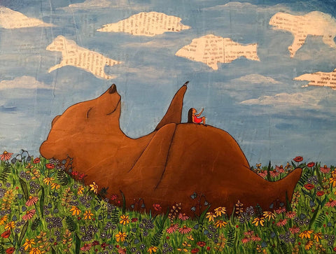 "Daydreamers" Large Print Artist:  Tara Pappas Original artwork  A bear with a girl on his belly are both looking at the animal clouds against a blue sky in a field of flowers   Print that can be framed   12" wide x 16" long x 1/16" deep  These print are a great way make a person smile with there whimsical designs and would be great in any room or on the fire place mantel    Please note the artwork is a copy from an original of the artist, but slight variations can be expected