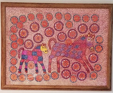 " Mare and Foal "  Framed Peruvian Style Fiber Art