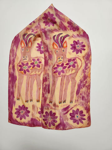  " Antelope " Peruvian Art Habotai Silk Scarf Artist: Alberto Alcantara  11" x 58" silk scarf  Hand painted and hand dyed  Orange, purple, golds  Wyoming Pronghorn  Bright  colored flowers  Wonderful scarf for com