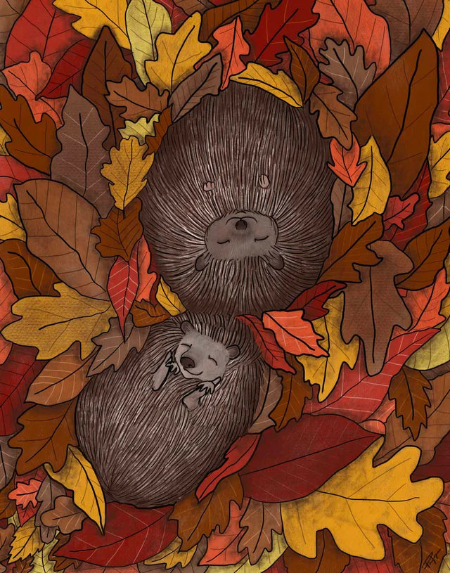 " A Lazy Fall Afternoon " Hedgehog Mixed Media Print Artist: Tara Pappas  Print from Original Acrylic Mixed Media  Two hedgehogs sleeping in a pile of leaves   High quality museum-grade archival giclee print  11" long x 14" high print  Certificate of Authenticity attached to the back  Comes in protective plastic sleeve  Attached to foam board for added protection  Ready for a frame  Would be a wonderful addition to any room in your home