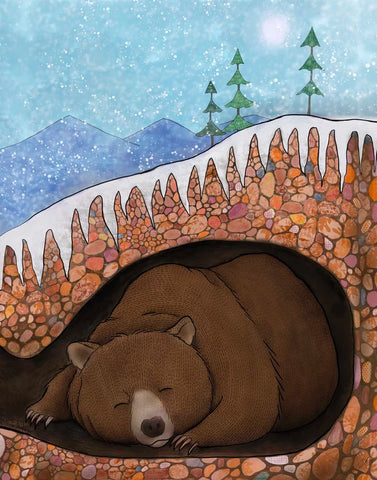 big bear hibernating under a hill in its den for the winter. Print from an original acryclic and mixed mediapainting. 