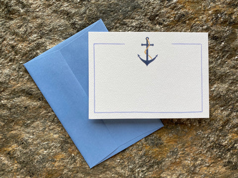 " Anchor " Boxed Set of 10 Cards Watercolor Artist: Joan Batchelder   Cottage Garden Studios  Design is from an original watercolor painted by the artist  Each boxed set of single designs contains ten blank notecards (size A1)  4 7/8" long x 3 1/3" high  10 blank cards printed on 100# Royal Sundance felt Cover Ultra White paper  10 Stardream metallic envelopes with square flaps included  Title of the design, and artist's website, are printed on the back of each card