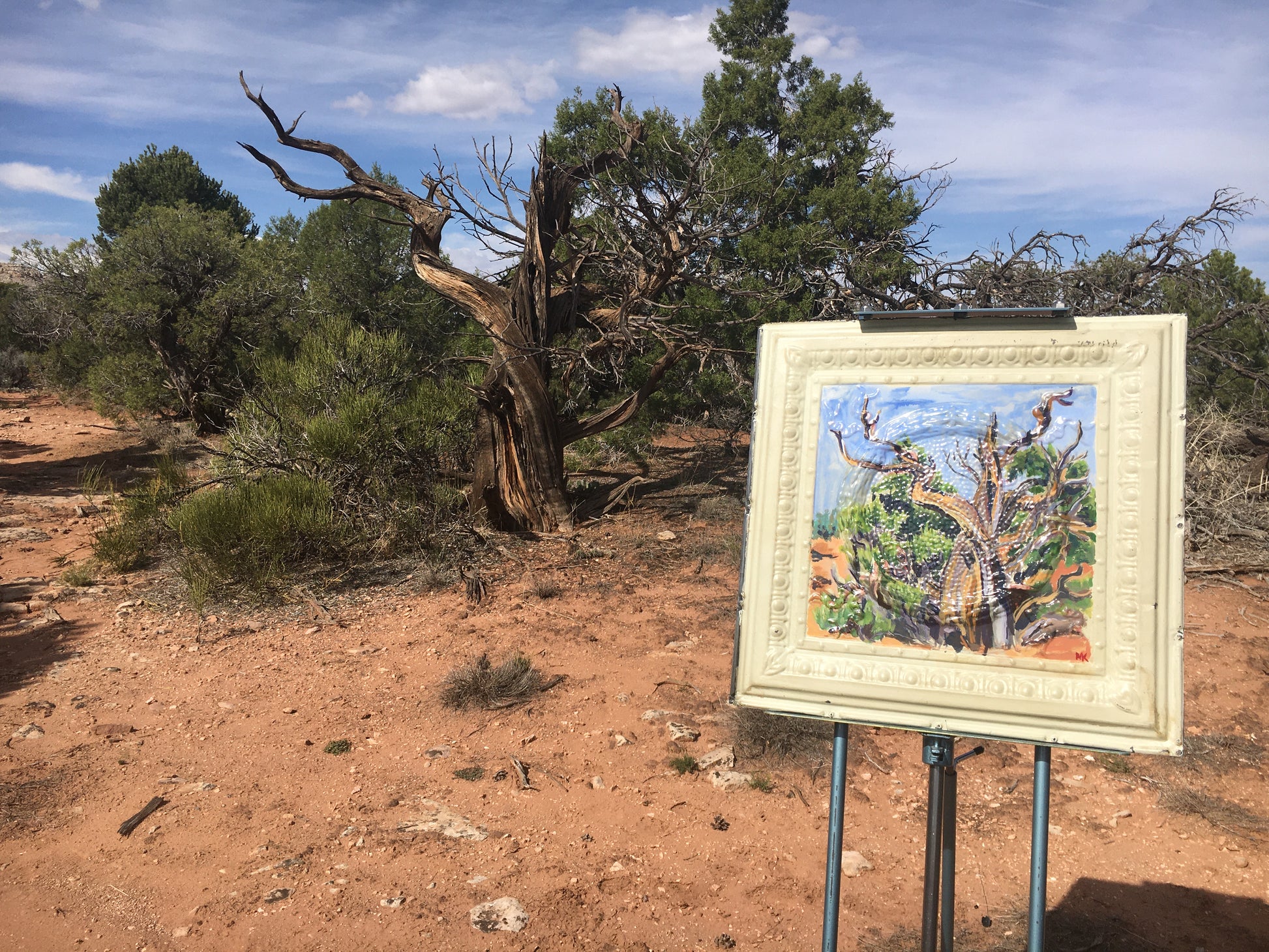 A view of the original juniper tree along with the Artist's rendition of her art. The original location the plein air paintings was created.