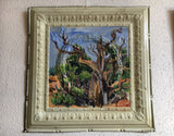 " Ancient Juniper " Antique Ceiling Tile Painting Artist: Maren Kallas  Architectural salvaged antique metal  ceiling tile  Original painting of an ancient juniper tree on Window Rock Trail in Fruita, Colorado  Painted on 10-5-21 at 11:54 am  Enamel paints  Sealed  Original edges  24 1/2" long x 24 1/4" high x 1/8" wide  Wire for hanging  A definite one of a kind piece of art that will be a focal point in any home