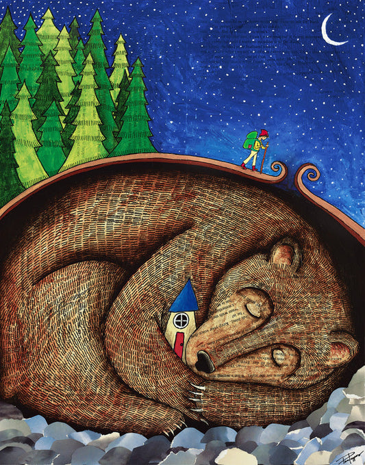 Beyond the Last Fir print by Tara Pappas of a sleeping bear curled up with a house and a backpacker hiking over his back