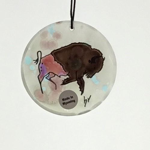 Bison Moon Ornaments Artist: Elizabeth Rulli  Glass round moon ornaments   Hanging ties that can hang the ornament that are hand paint with bison on each glass ornament  Great for that western look on a tree or just hanging in the window as a sun catcher   2.5" diameter .