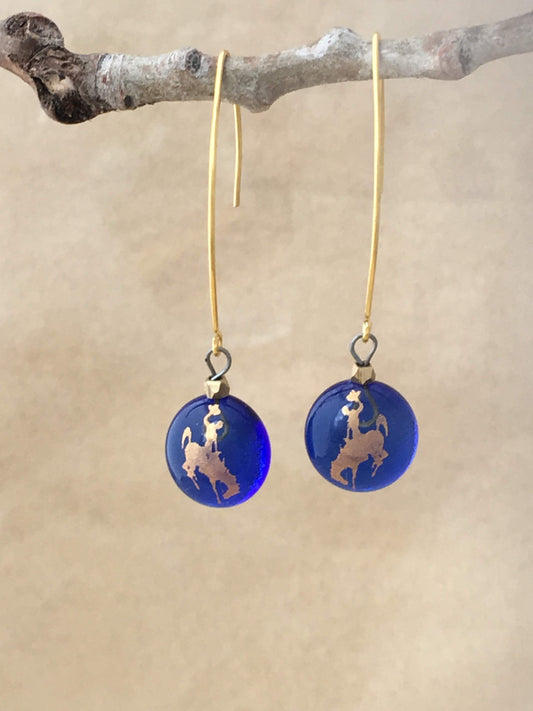 Blue fusted glass  dangles  with gold foil bucking bronco and gold faceted beads
