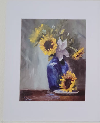 " Blue And Gold " Sunflowers In A Vase Matted Print